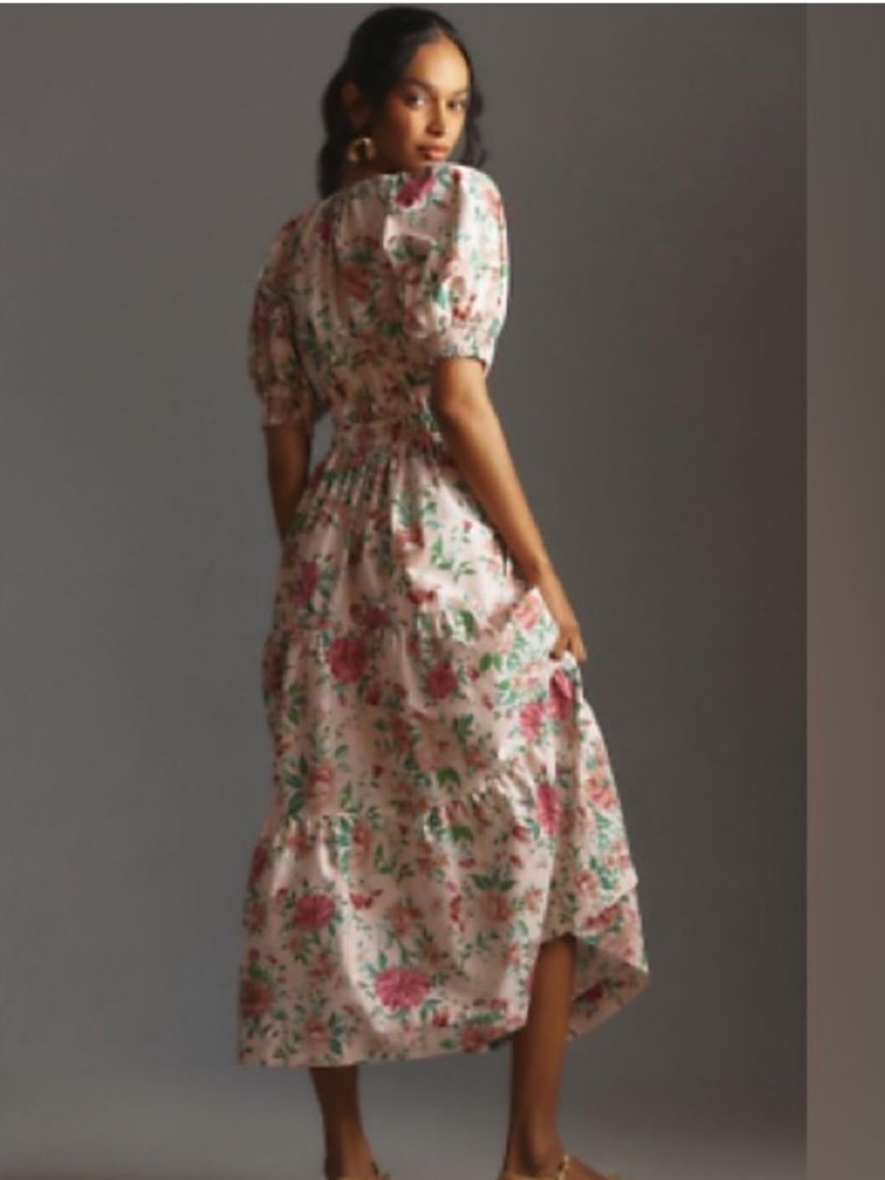Anthropologie Somerset Pink Floral Smocked Puff Sleeve Tiered Midi Dress - Picture 3 of 5